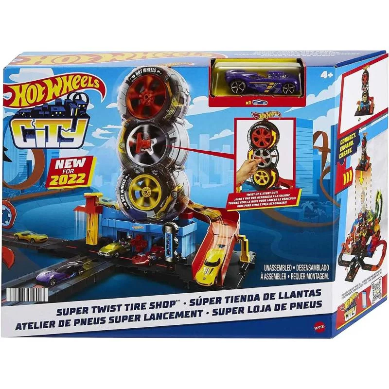 Hot Wheels City Super Twist Tire Shop Playset: Spinning Tire Action with Car Lift & Ramp Adventures, Gift for Kids